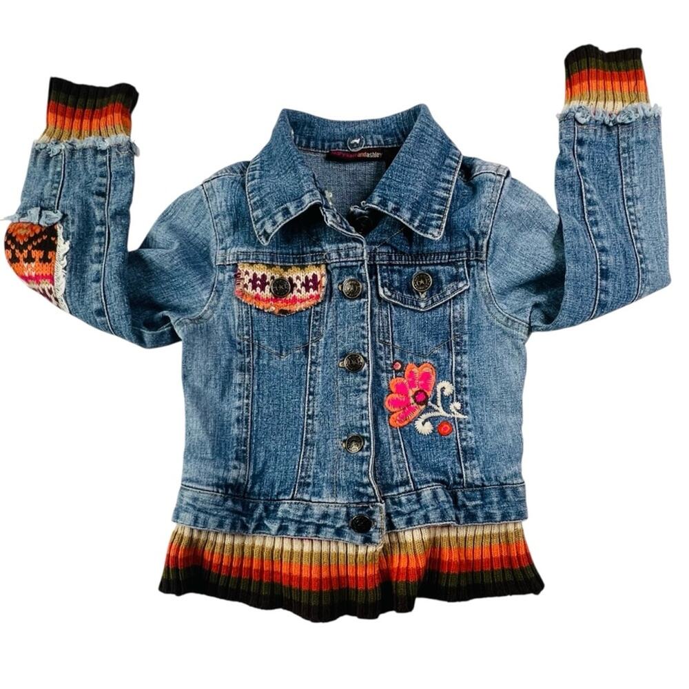 Mary Kate Ashley Girls 5 Denim Jean Jacket Y2K Boho Embroidered Flower Knit Trim - Picture 4 of 11